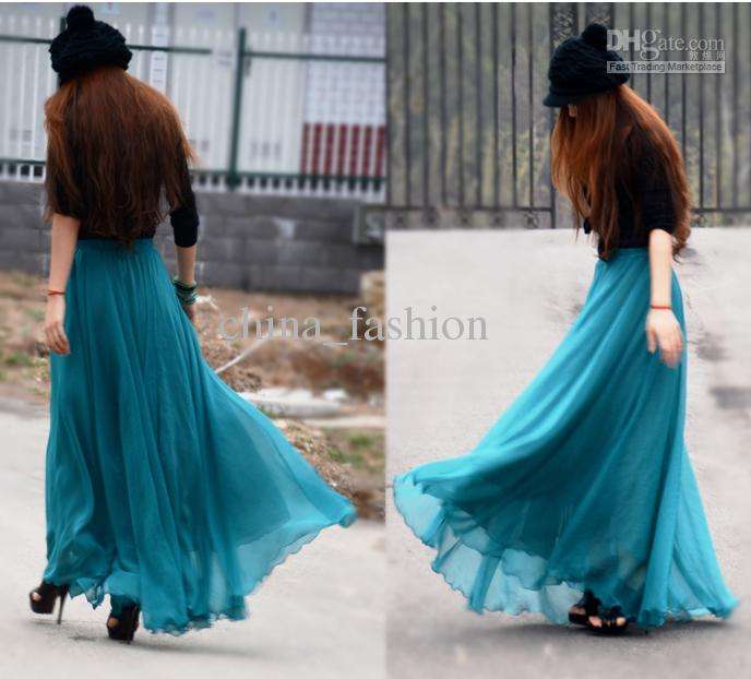X - SMALL   Maxi Length Chiffon Skirt - TEAL BLUE fully lined