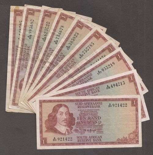 SOUTH AFRICA TW De JONGH ONE RAND BANKNOTES x 10 - LARGER TYPE