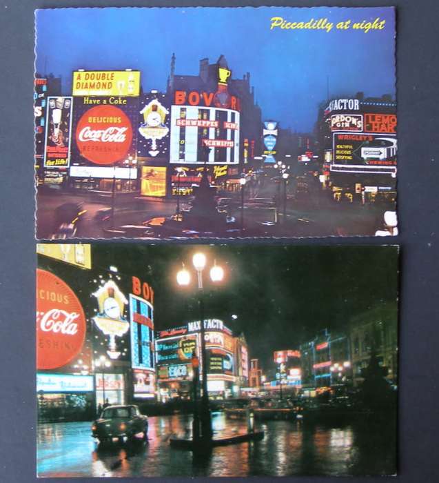 Two British POSTCARDS - Picadilly Circus by Night