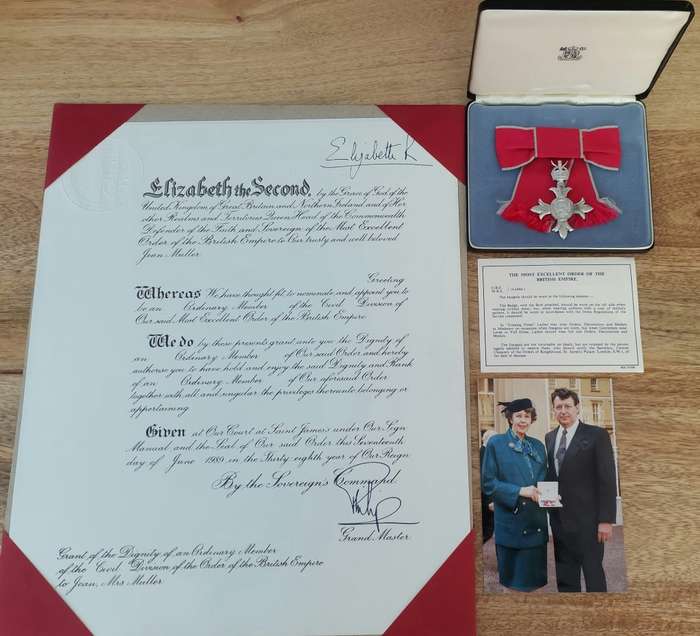 - Rare Boxed Most Excellent Order of the British Empire (MBE) to Mrs Jean Muller with Certificate -