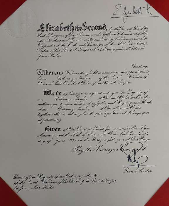 - Rare Boxed Most Excellent Order of the British Empire (MBE) to Mrs Jean Muller with Certificate -