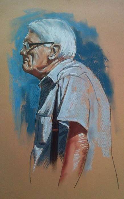Old man with glasses, pastel artwork by Danie Cronje, unframed.