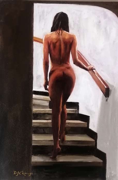 Nude going upstairs, oil painting by Danie Cronje on blocked canvas