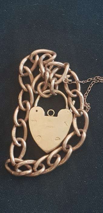 Extremely Rare-Antique 9ct rose gold fancy curb bracelet with large locket and safety chain