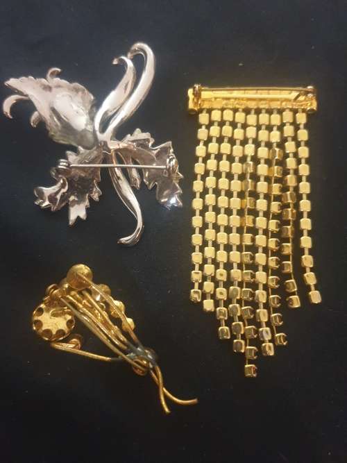 Joblot of 3 Vintage Brooches 1 marcasite,1 purple dangling & 1 Yellow stone flower