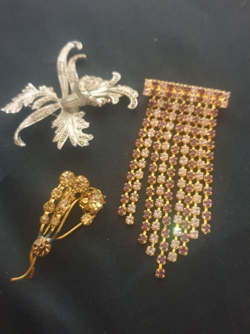 Joblot of 3 Vintage Brooches 1 marcasite,1 purple dangling & 1 Yellow stone flower