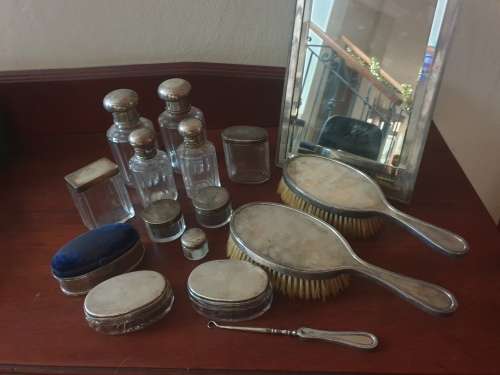 Stunning antique dressing table set, solid silver-16 piece with solid silver mirror