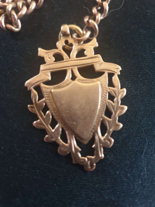 Solid Victorian Edwardian antique chain in rose gold with medallion pendant each link is stamped