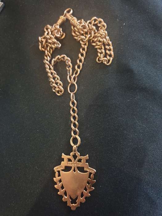Solid Victorian Edwardian antique chain in rose gold with medallion pendant each link is stamped