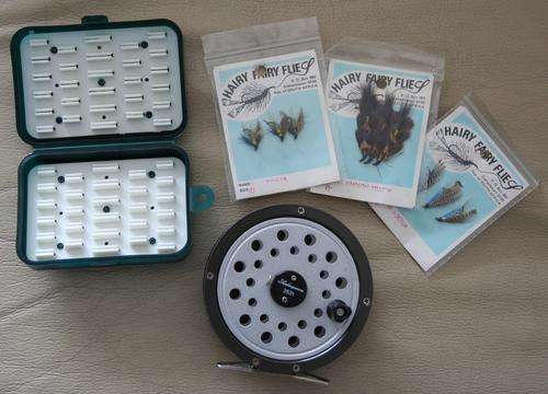 FLY FISHING SET -- REEL, FLIES AND FLY CONTAINER ..... AS NEW CONDITION