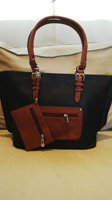 **Stunning Ladies 2pc Black/Tan PU Leather Handbag/ Travel Bag**52cm**BEAUTIFUL PIECE**BRAND NEW**