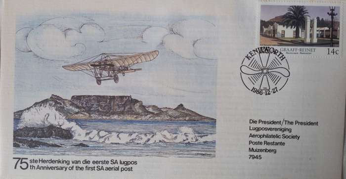 AVIATION 1986 75TH ANNIV 1ST SA AERIAL POST KENNILWORTH-MUIZEMBERG FLIGHT COVER 27/12/11