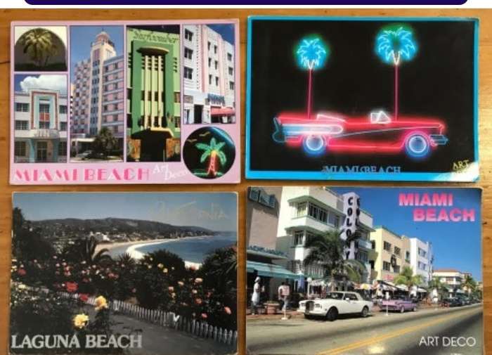 POSTCARDS x 4 POST CARDS MIAMI BEACH ART DECO LAGUNA BEACH CALIFORNIA FLORIDA USA HOTELS