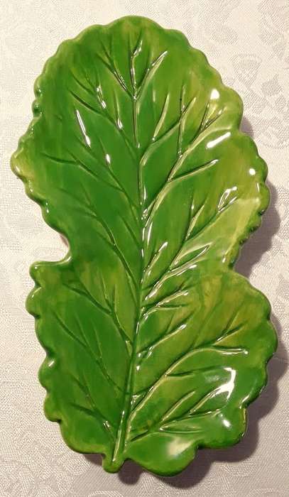 Striking small leaf serving dish. Hand made and painted from Portugal.