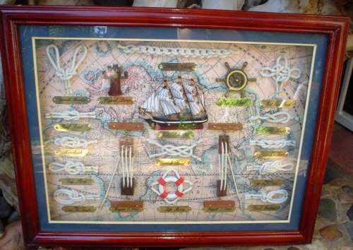 Beautiful framed knots of the sea, old ship and other ship items framed behind glass