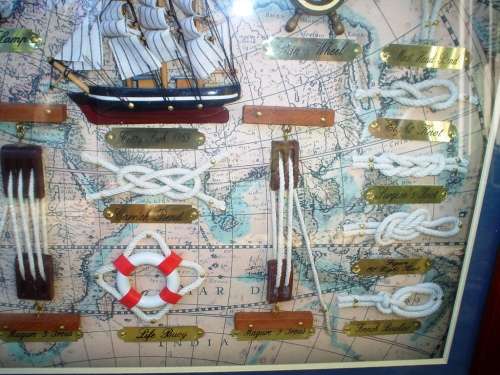 Beautiful framed knots of the sea, old ship and other ship items framed behind glass