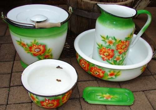 Beautiful 6 piece white, green with orange flowers enamel set-Made in Czechoslovakia-Good condition