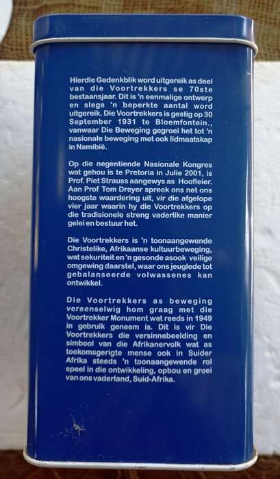 Beperkte uitreikings Gedenk blik ` Filter Koffie` as deel van die Voortrekkers se 70ste bestaansjaar