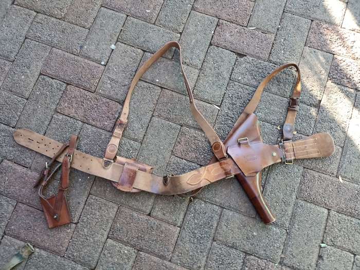WWI British Officer`s Belt by M Harvey Co, Holster by Hobson & Sons 1915 strap and sword Hanger Hook
