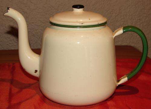 Yellow Enamel Coffee Kettle with green Trimmings-H 15cm, base width 12,5cm