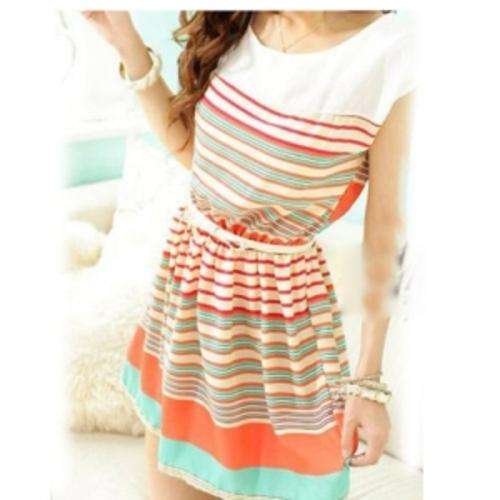 Women's Fashion Colorful Stripes Chiffon Dress with Bowknot Belt