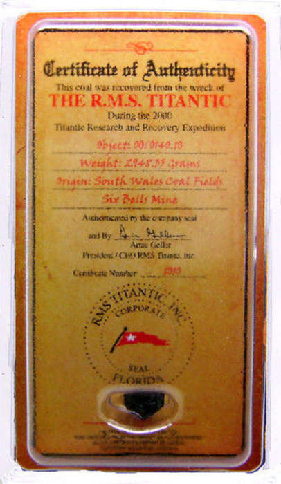 TITANIC COAL MINI CERTIFICATE OF AUTHENTICITY
