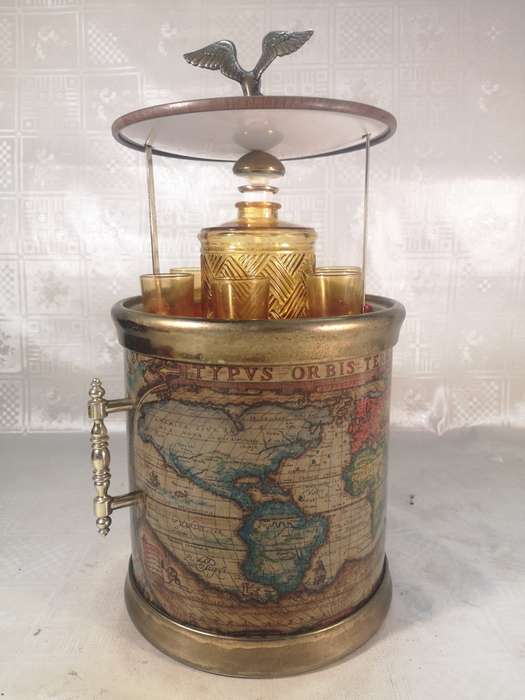 Vintage Decanter Shot Glass Drinking Set with Brass Detail