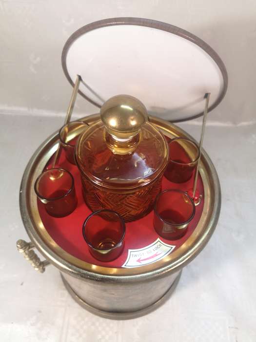 Vintage Decanter Shot Glass Drinking Set with Brass Detail