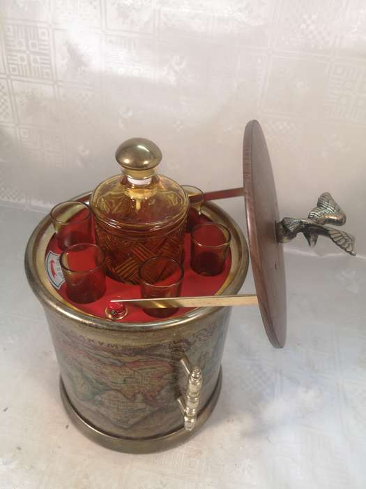 Vintage Decanter Shot Glass Drinking Set with Brass Detail