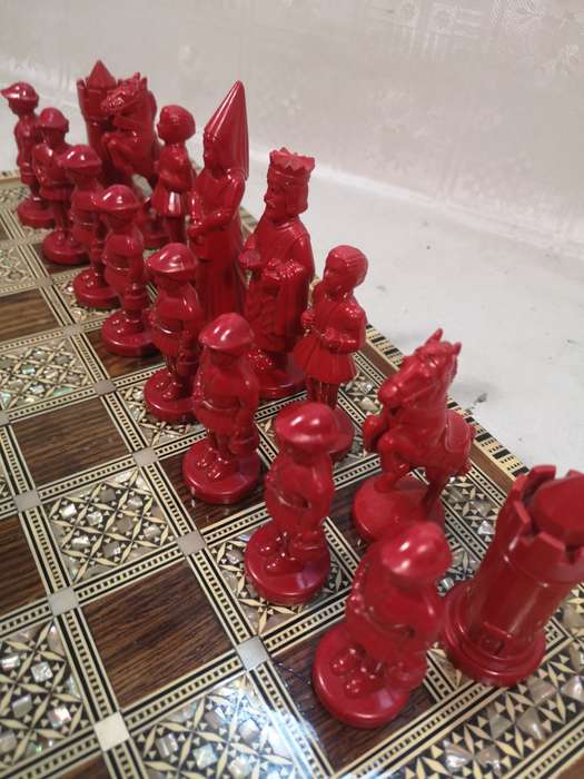 Magnificent Vintage Renaissance Chess Set On a Mother of Pearl Inlaid Chess Board