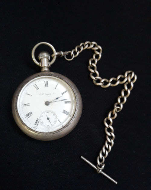 Large ELGIN Sterling Silver Hall Marked  Mens Pocket Watch and Hall Marked Chain