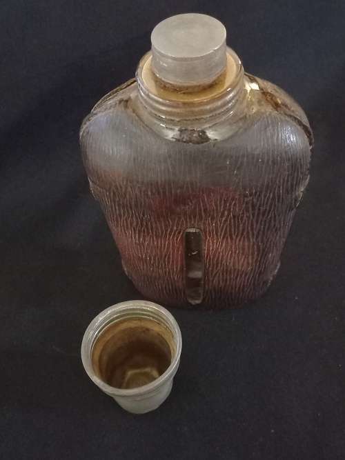 Antique Leather and Glass Hip Flask with Shot Cup - Size: 190 x 95mm