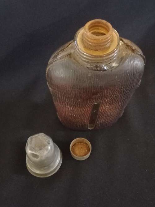 Antique Leather and Glass Hip Flask with Shot Cup - Size: 190 x 95mm