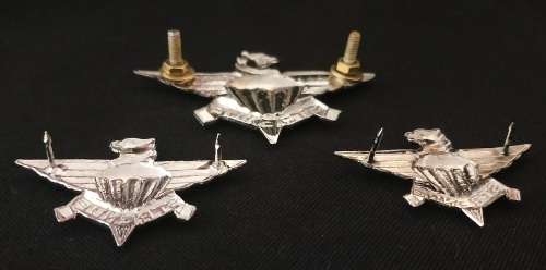 SADF 3 PARACHUTE -  Set of 1 x CAP BADGE & 2 COLLAR BADGES CHROMED- WORN 1979-1985            F84