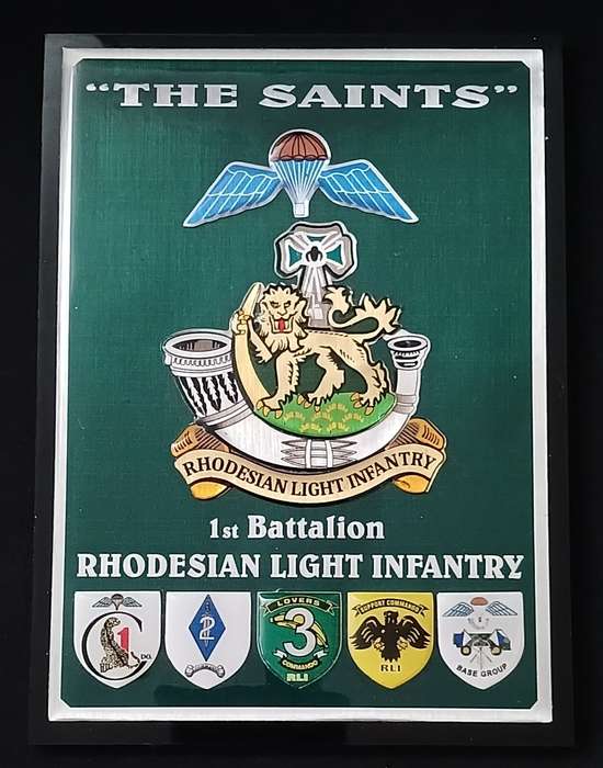 RHODESIAN LIGHT INFANTRY 1ST BATTALION ` THE SAINTS ` PLAQUE WITH 5 SHIELDS           No.1