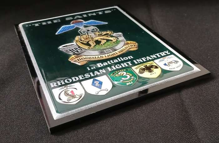 RHODESIAN LIGHT INFANTRY 1ST BATTALION ` THE SAINTS ` PLAQUE WITH 5 SHIELDS           No.1