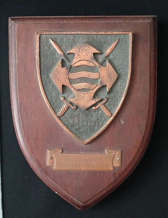 SA QUARTERMASTER GENERAL HQ PLAQUE   MAJ. JB van WYK Nov. 1985 - Des. 1989