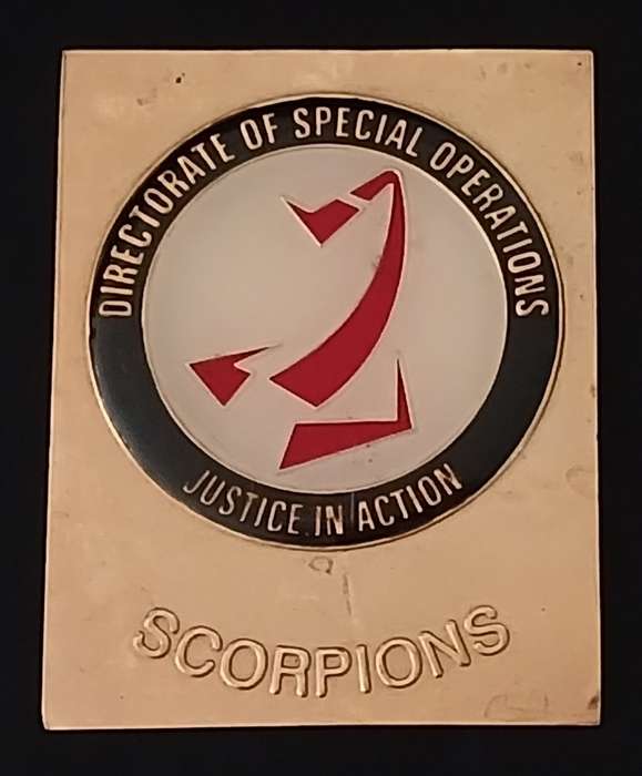 SCORPIONS PLAQUE BADGE SA. DIRECTORATE OF SPECIAL OPERATIONS ESTABLISHED 1999    K29