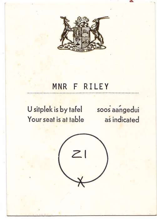 BANQUET MENU / BANKET SPYSKAART 3 SEP. 1984 SIGNED BY FW. DE KLERK , MARIKE DE KLERK AND MORE.