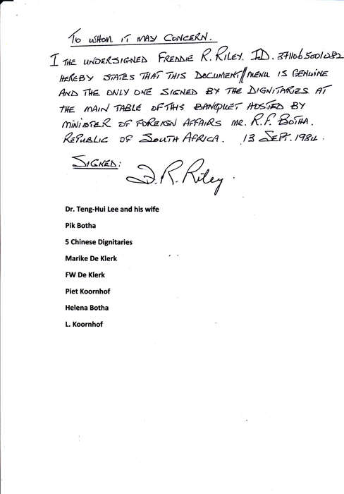 BANQUET MENU / BANKET SPYSKAART 3 SEP. 1984 SIGNED BY FW. DE KLERK , MARIKE DE KLERK AND MORE.