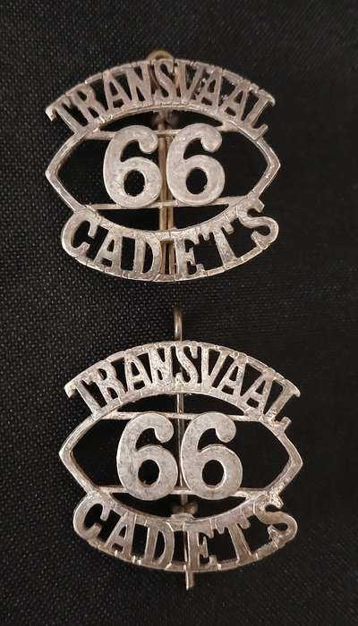 66TH COMPANY TRANSVAAL CADETS  SHOULDER TITLE PAIR (  WHITE METAL )  " SCARCE "     R145