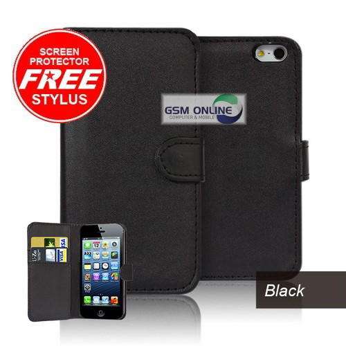 Wallet Flip Case for Apple iPhone 5 (Black) + Screen Protector + Stylus