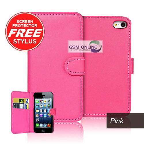 Wallet Flip Case for Apple iPhone 5 (Pink) + Screen Protector + Stylus