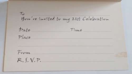 Unused - 21st invitation + envelope  14.5cm x 10cm