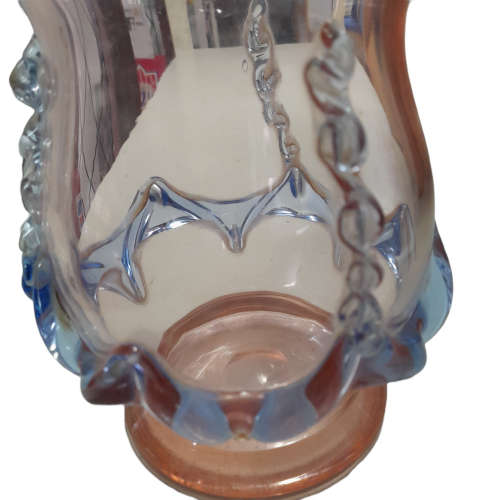 Translucent Pink Glass Vase with Blue Trimming