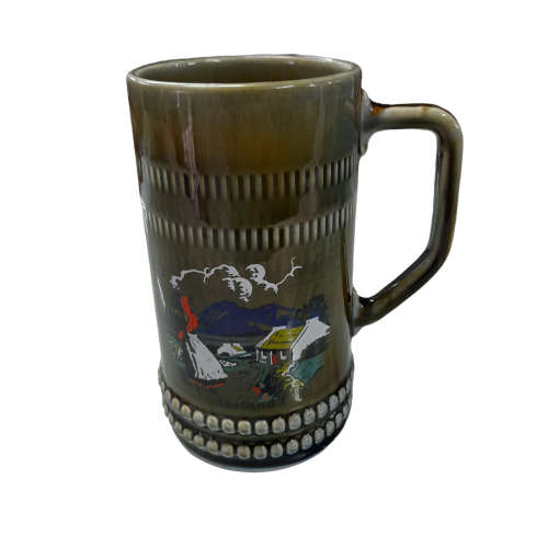 Vintage Irish Porcelain Tankard Mug -  Green Blue Country Scene
