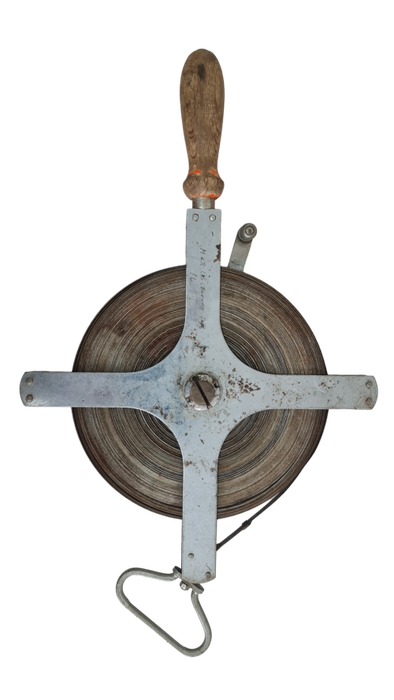Survey tape measure, Vintage measureing spool, Rabone Chesterman MT016 - 60m, Made in England.