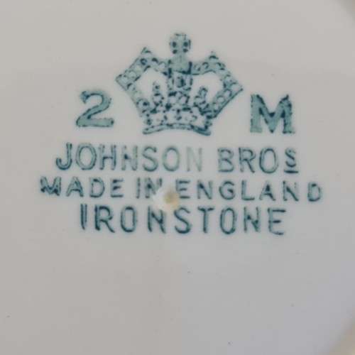 Vintage Pudding dish, Johnson Bros Ironstone, 2 M, Mod Green Flower With Burgundy Red Pattern Band