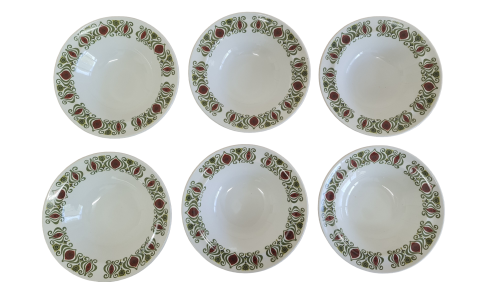 Vintage Pudding dish, Johnson Bros Ironstone, 2 M, Mod Green Flower With Burgundy Red Pattern Band