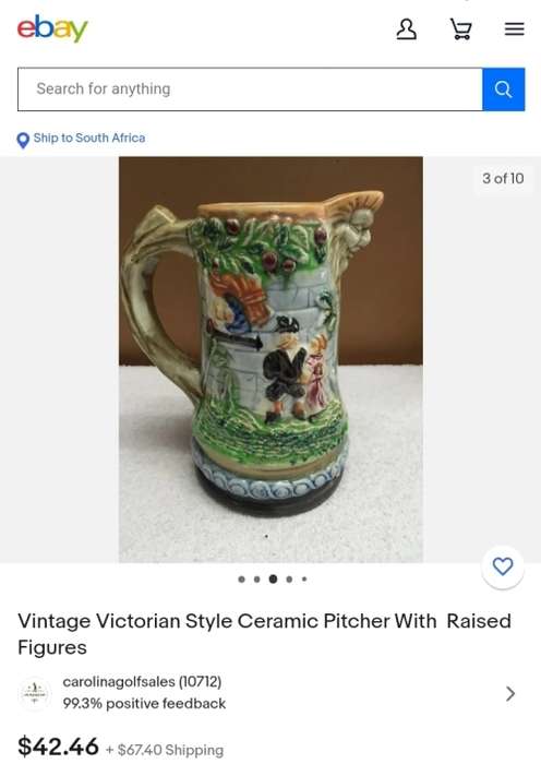 Vintage Victorian Style Ceramic Pitcher With  Raised Figures